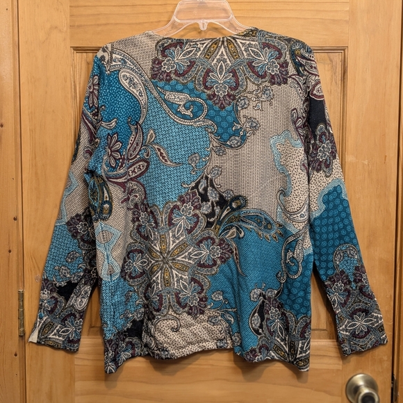 Chico's Sweater Pullover 2 LG Paisley Floral LS Top Green Brown Boho Artsy Comfy - Picture 6 of 12